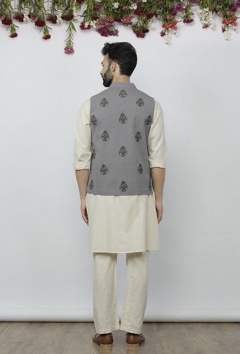 Set of 3 - Safeda Cotton Kurta & Pyjama with Grey Nehru Jacket