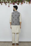 Set of 3 - Safeda Cotton Kurta & Pyjama with Grey Nehru Jacket