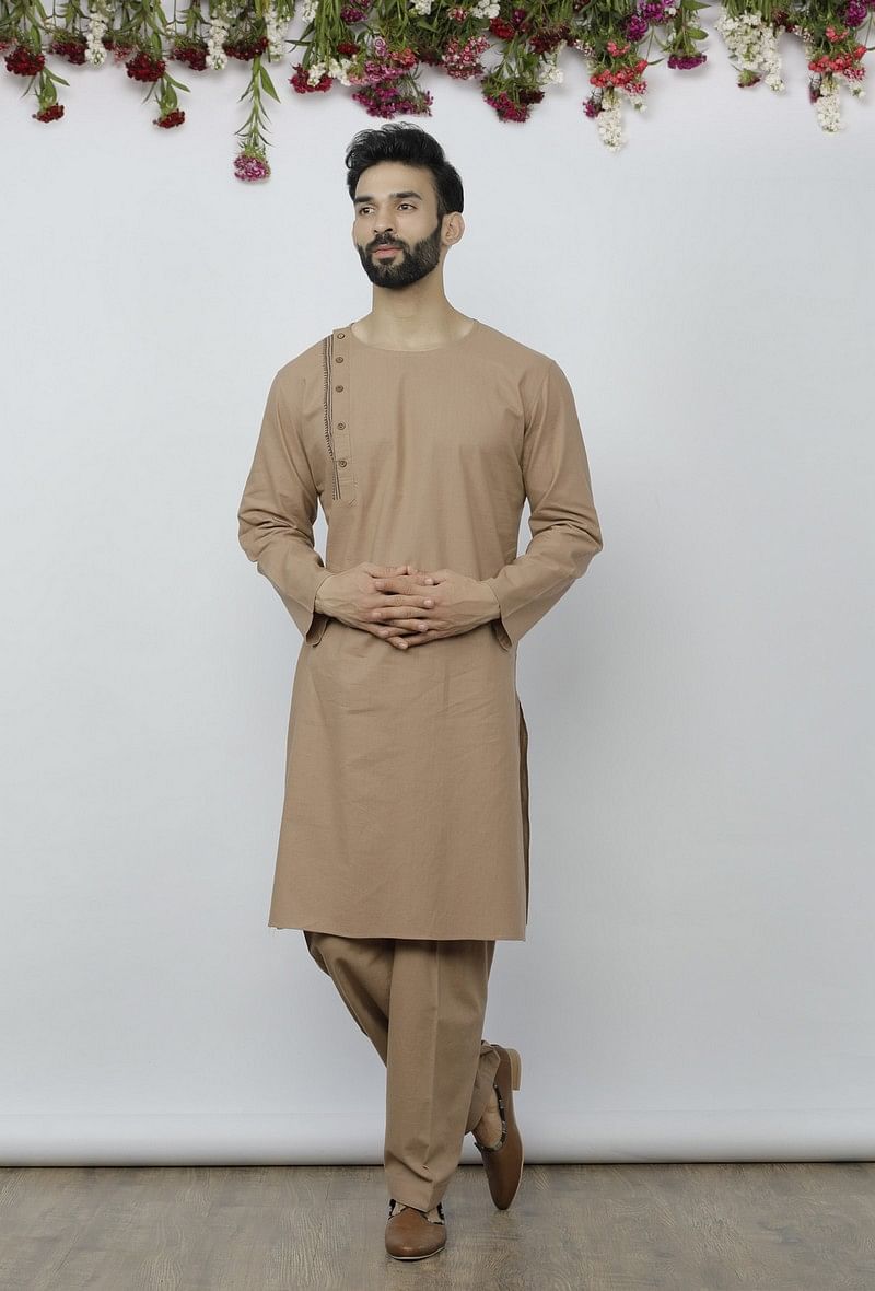 Set Of 2: Beige Side Placket Cotton Kurta And Pathani Salwar