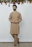 Set Of 2: Beige Side Placket Cotton Kurta And Pathani Salwar