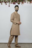 Set Of 2: Beige Side Placket Cotton Kurta And Pathani Salwar