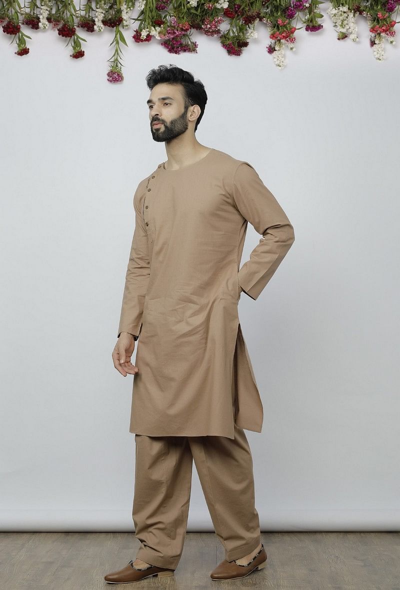 Set Of 2: Beige Side Placket Cotton Kurta And Pathani Salwar