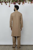 Set Of 2: Beige Side Placket Cotton Kurta And Pathani Salwar