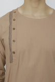 Set Of 2: Beige Side Placket Cotton Kurta And Pathani Salwar