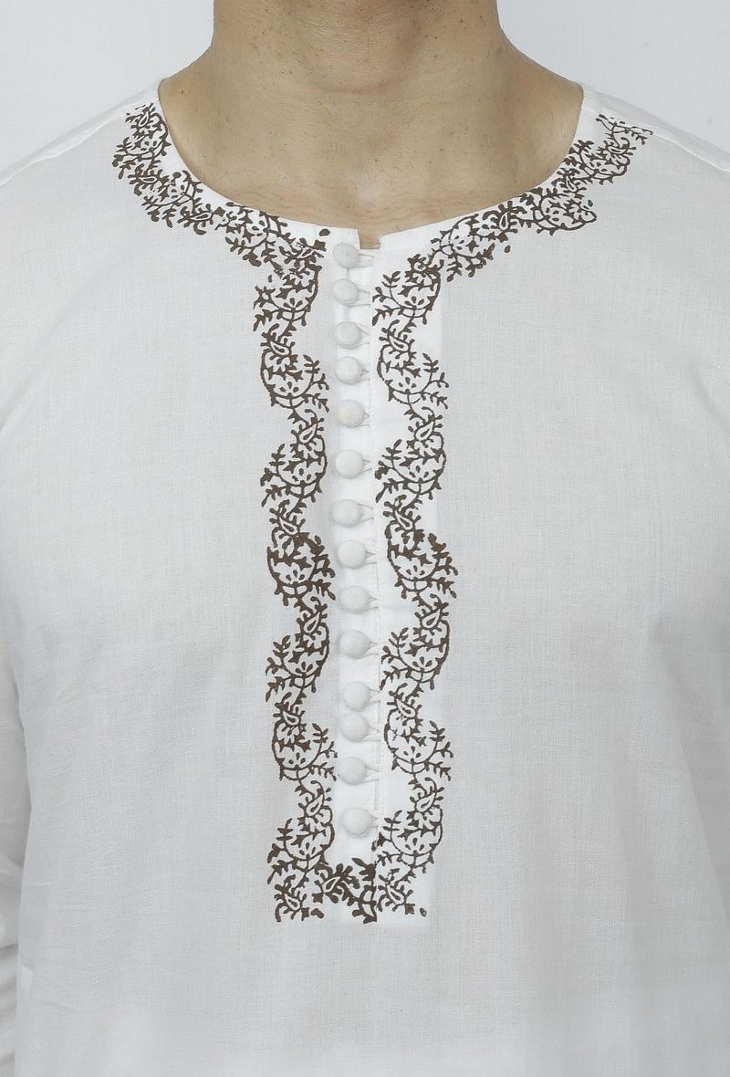Set of 2: White Cotton Block Print Kurta and Salwar