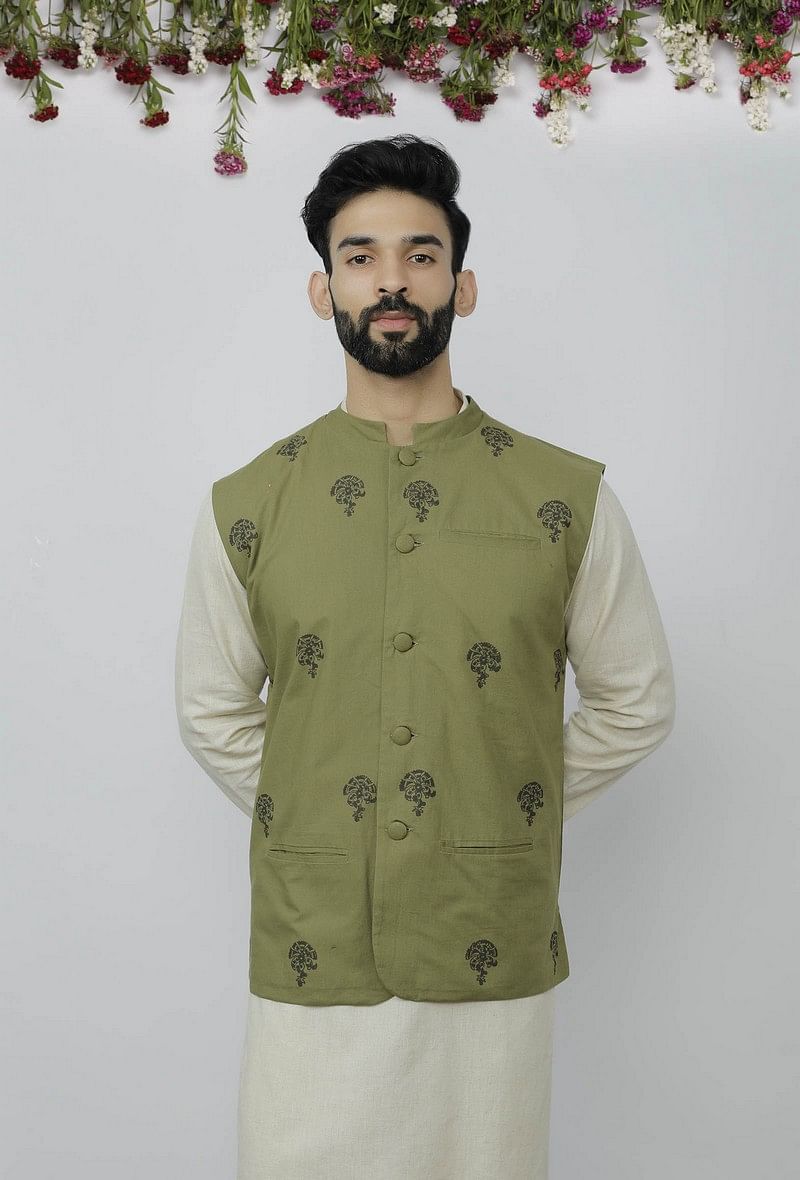 Olive Green Cotton Nehru Block Print Jacket