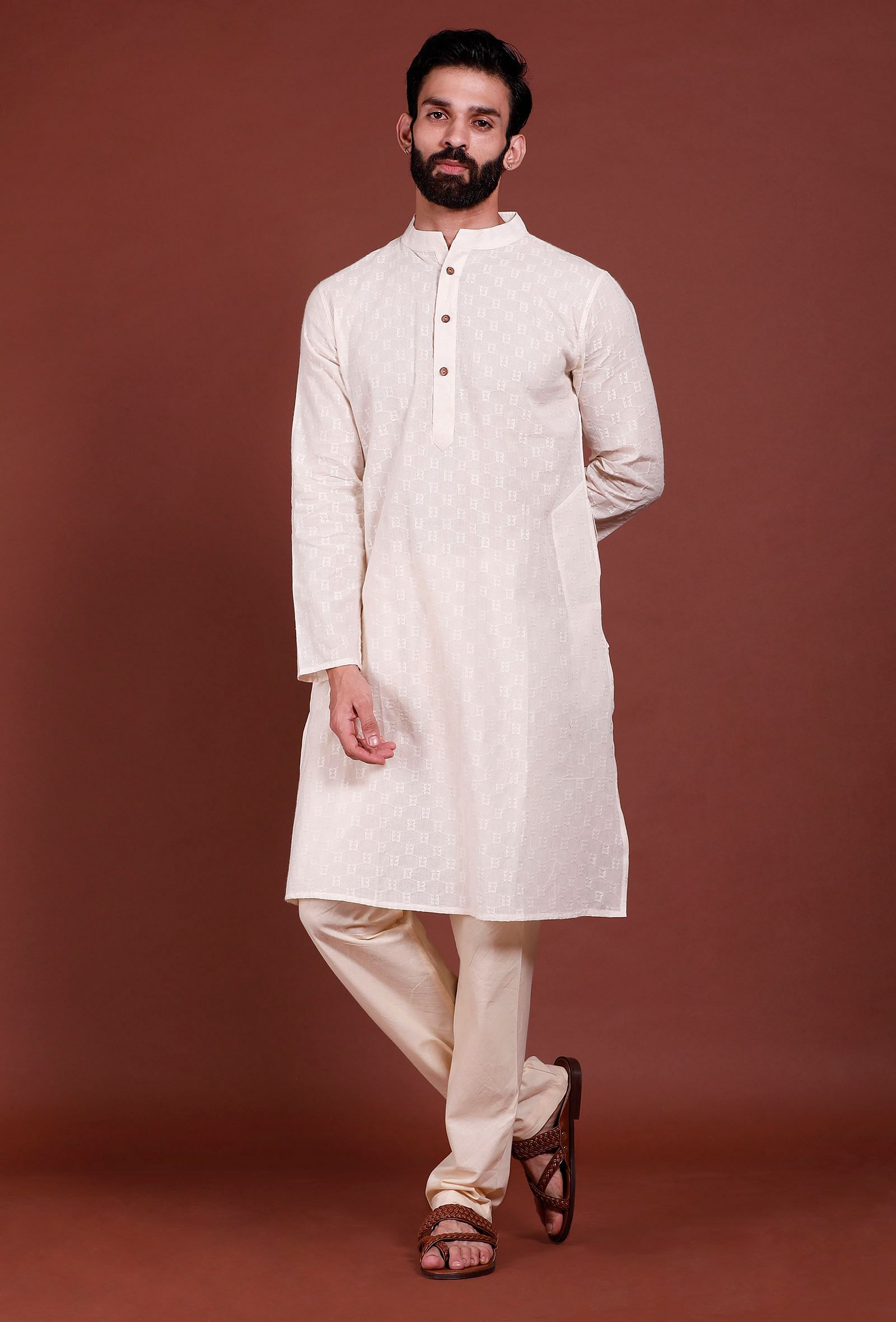 Set of 2 - Offwhite Brick Malmal Kurta Pyjama Set