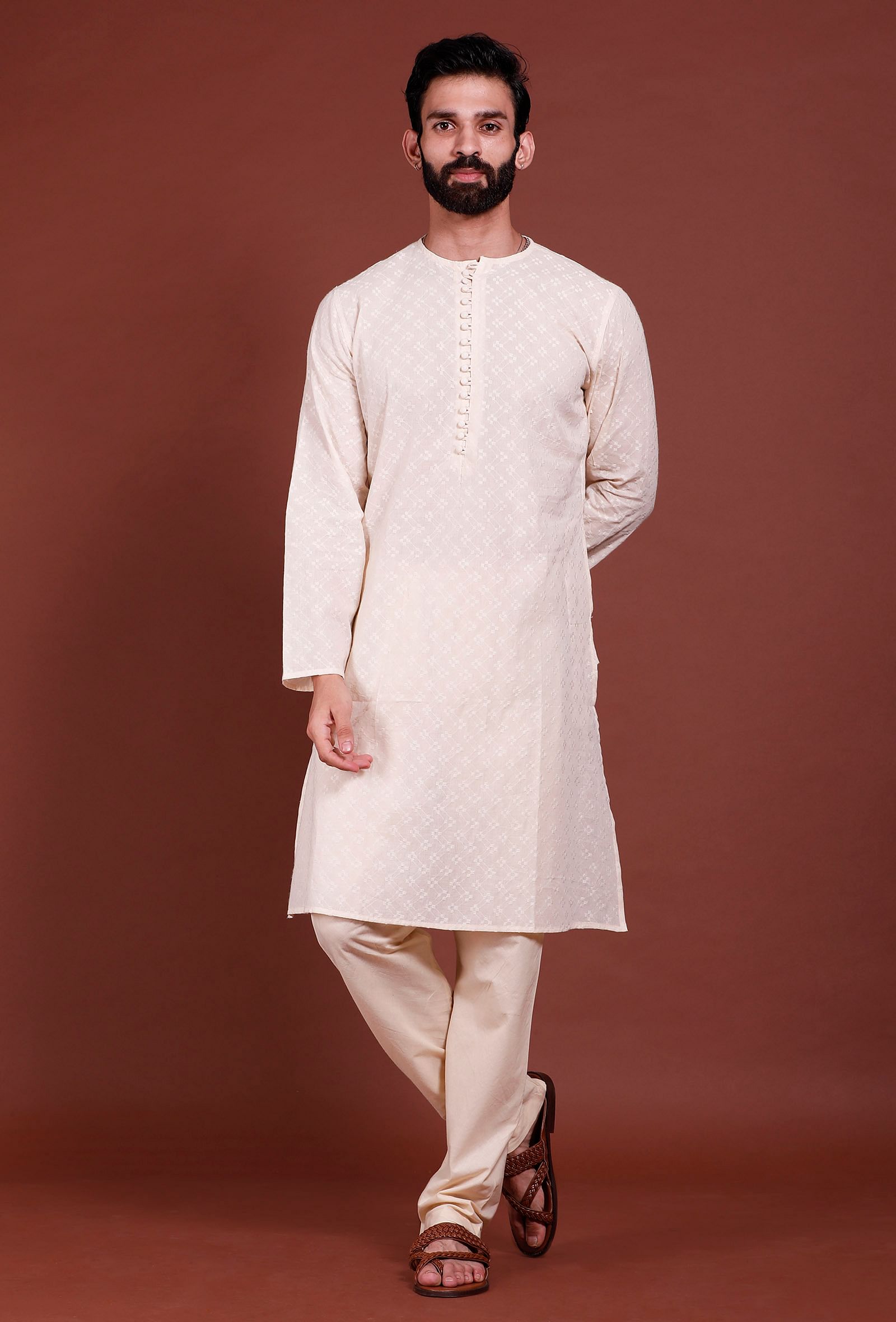 Set of 2 - Off white Diamond Malmal Kurta Pyjama Set