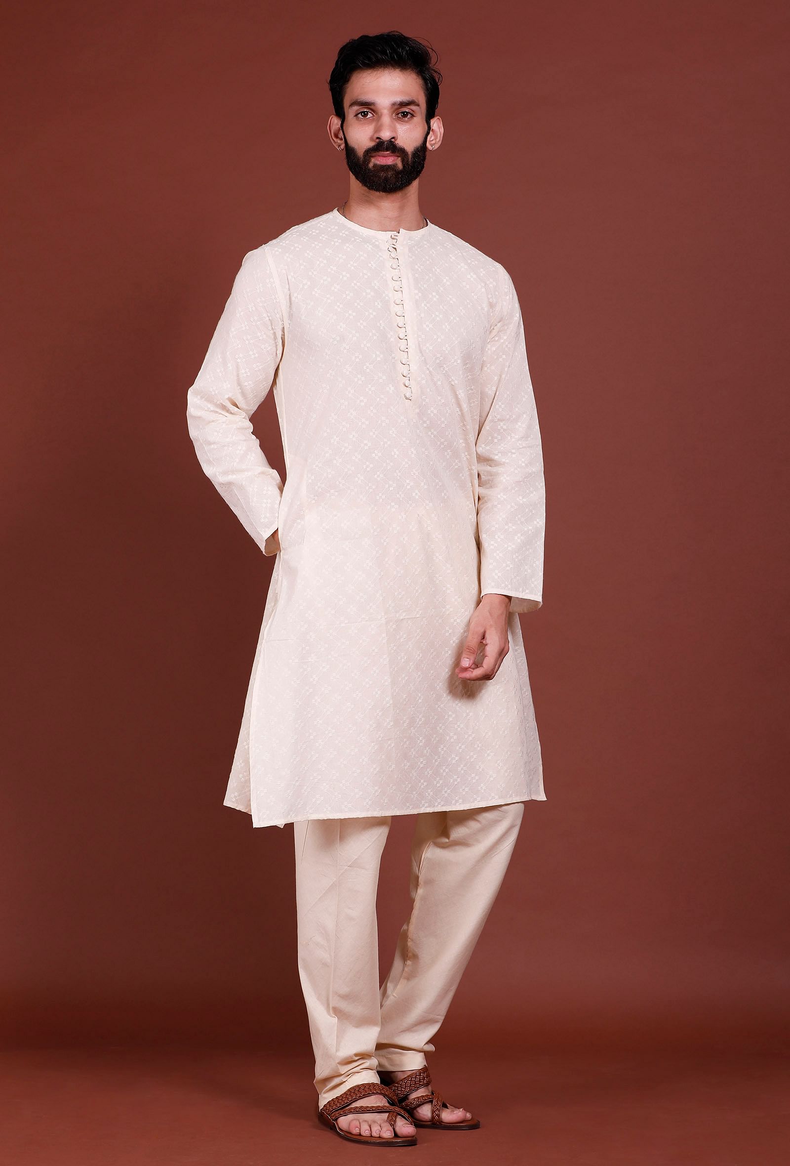 Set of 2 - Off white Diamond Malmal Kurta Pyjama Set