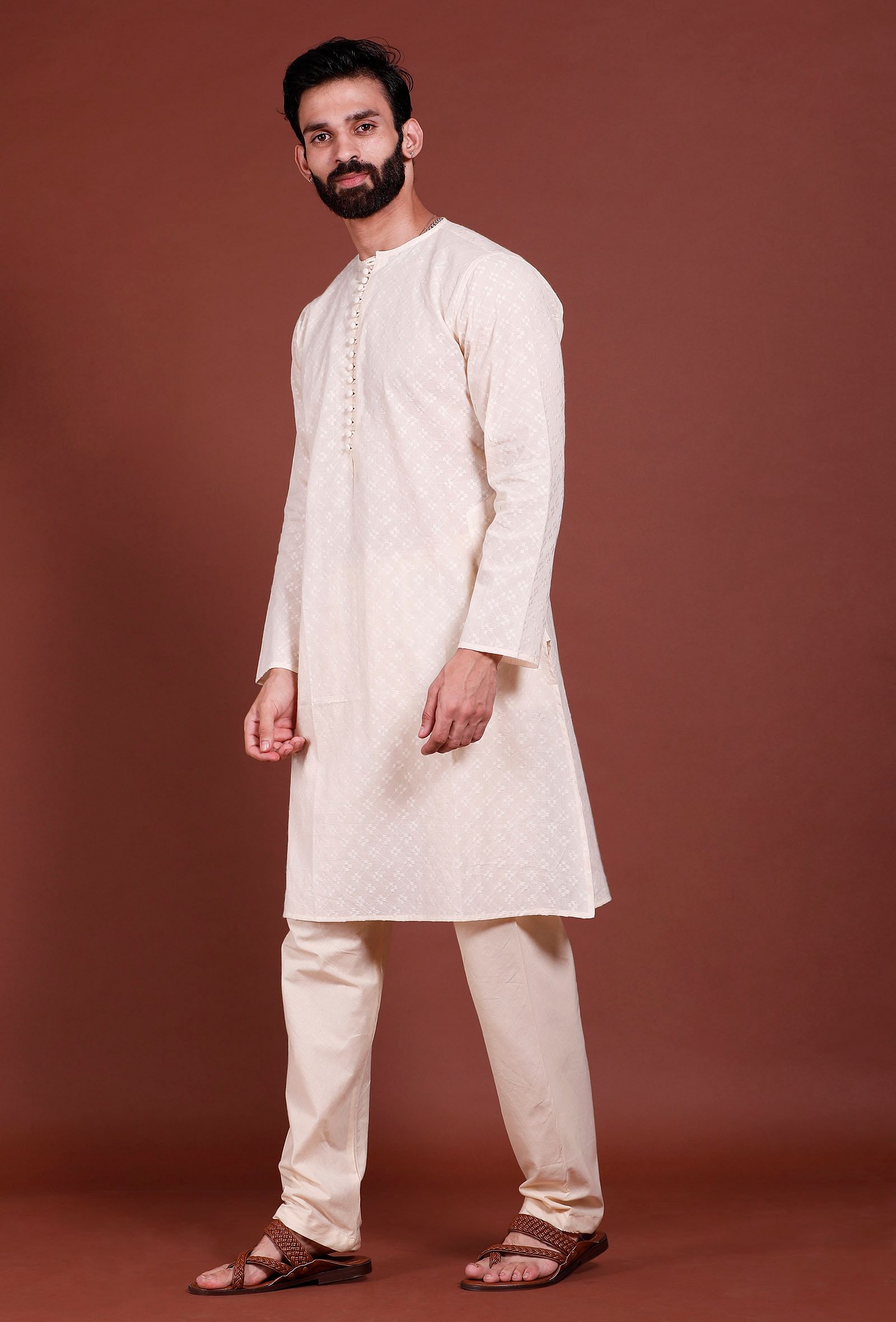Set of 2 - Off white Diamond Malmal Kurta Pyjama Set