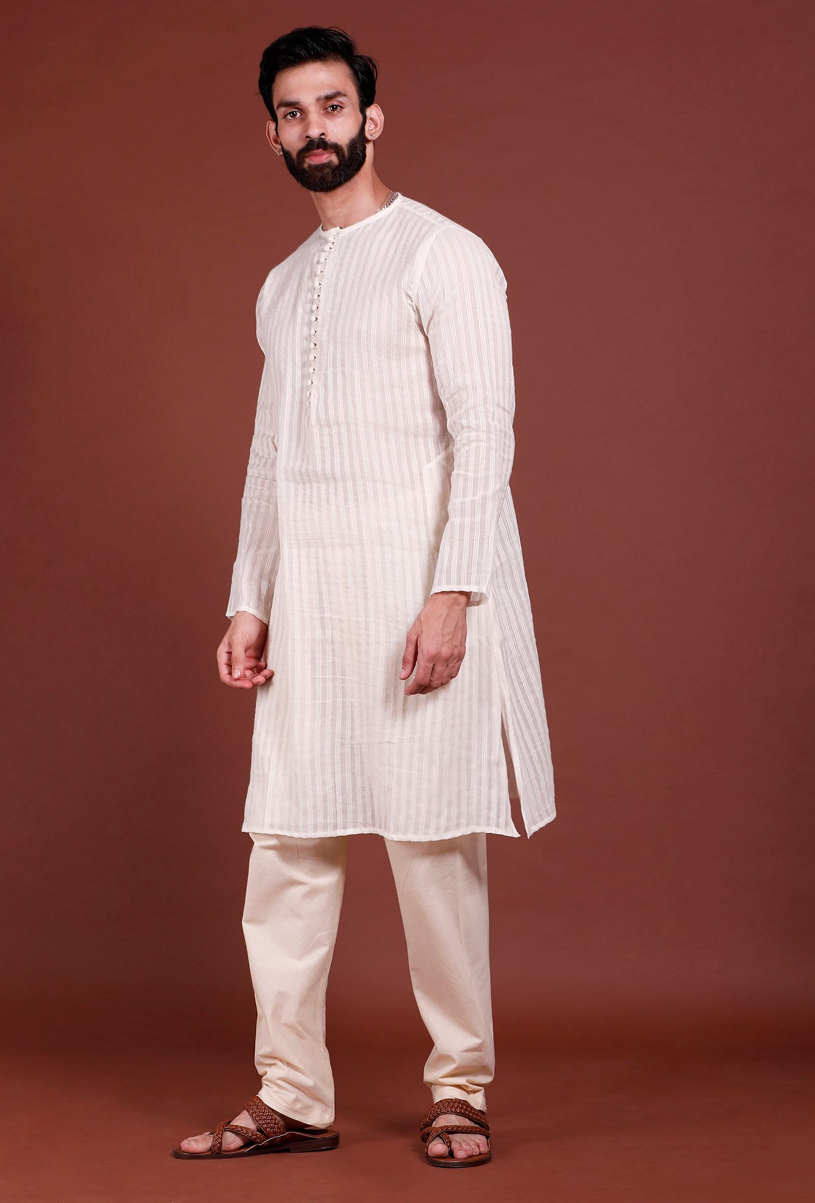 Set of 2 - Offwhite Stripes Malmal Kurta Pyjama Set