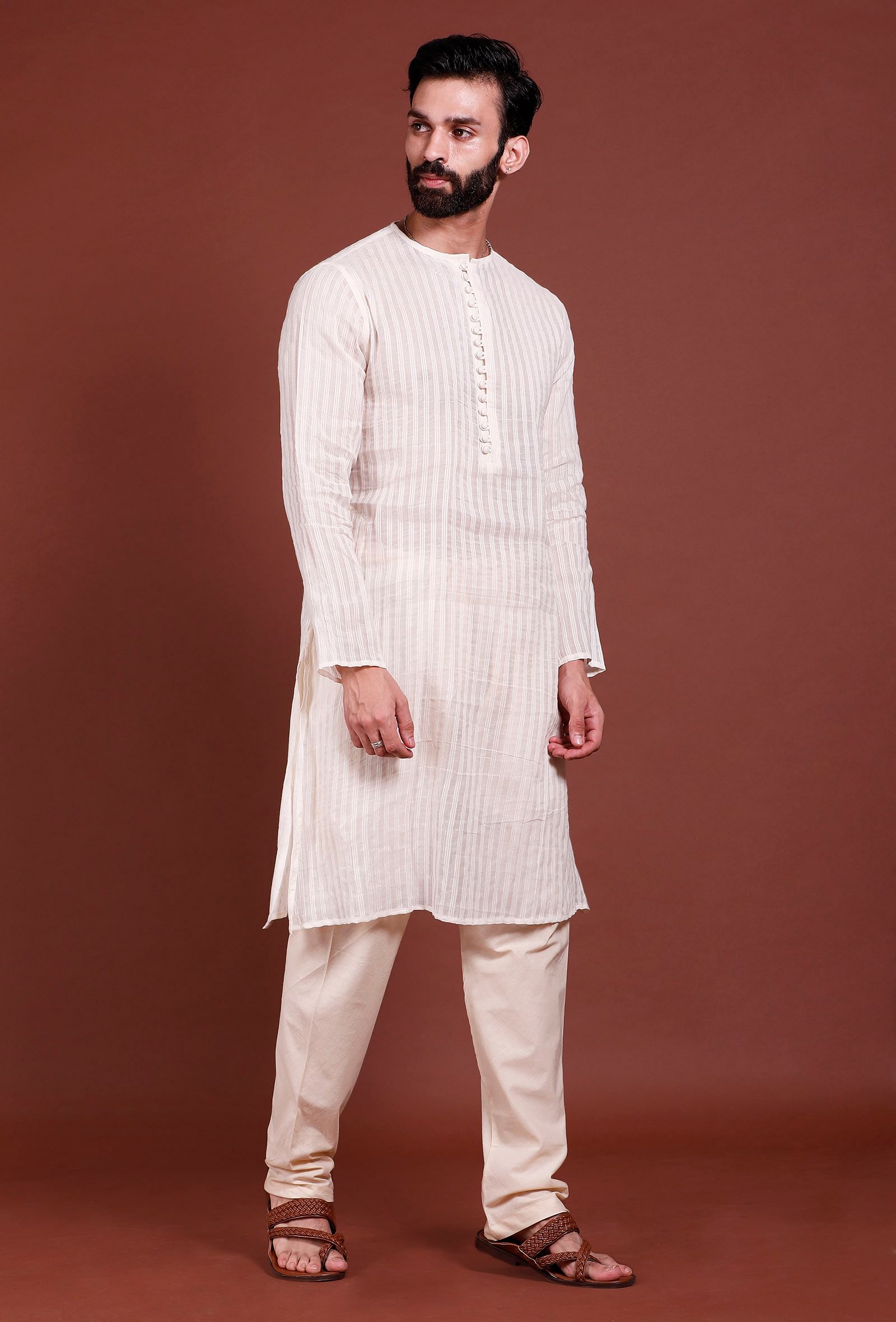 Set of 2 - Offwhite Stripes Malmal Kurta Pyjama Set