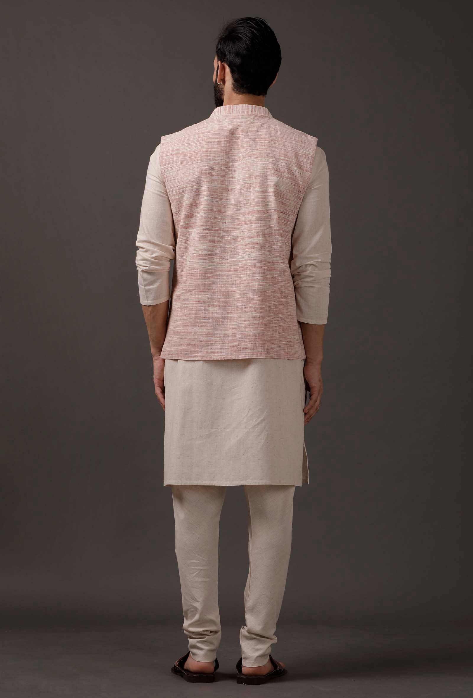 Set of 3: beige kurta pajama with pink waist coat