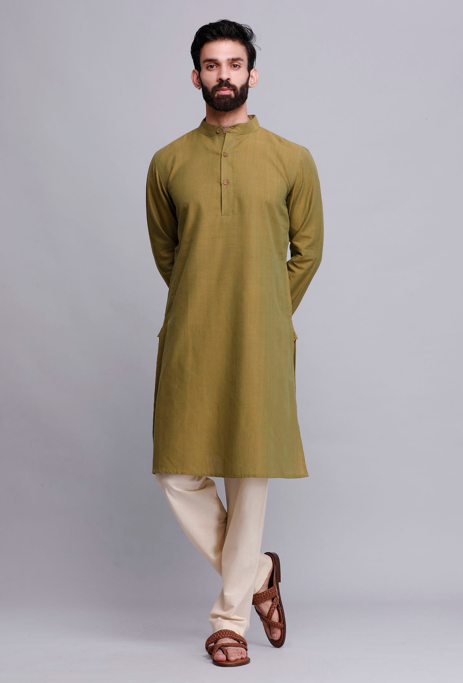 Set of 2: Olive Green Cotton Kurta and Pajama