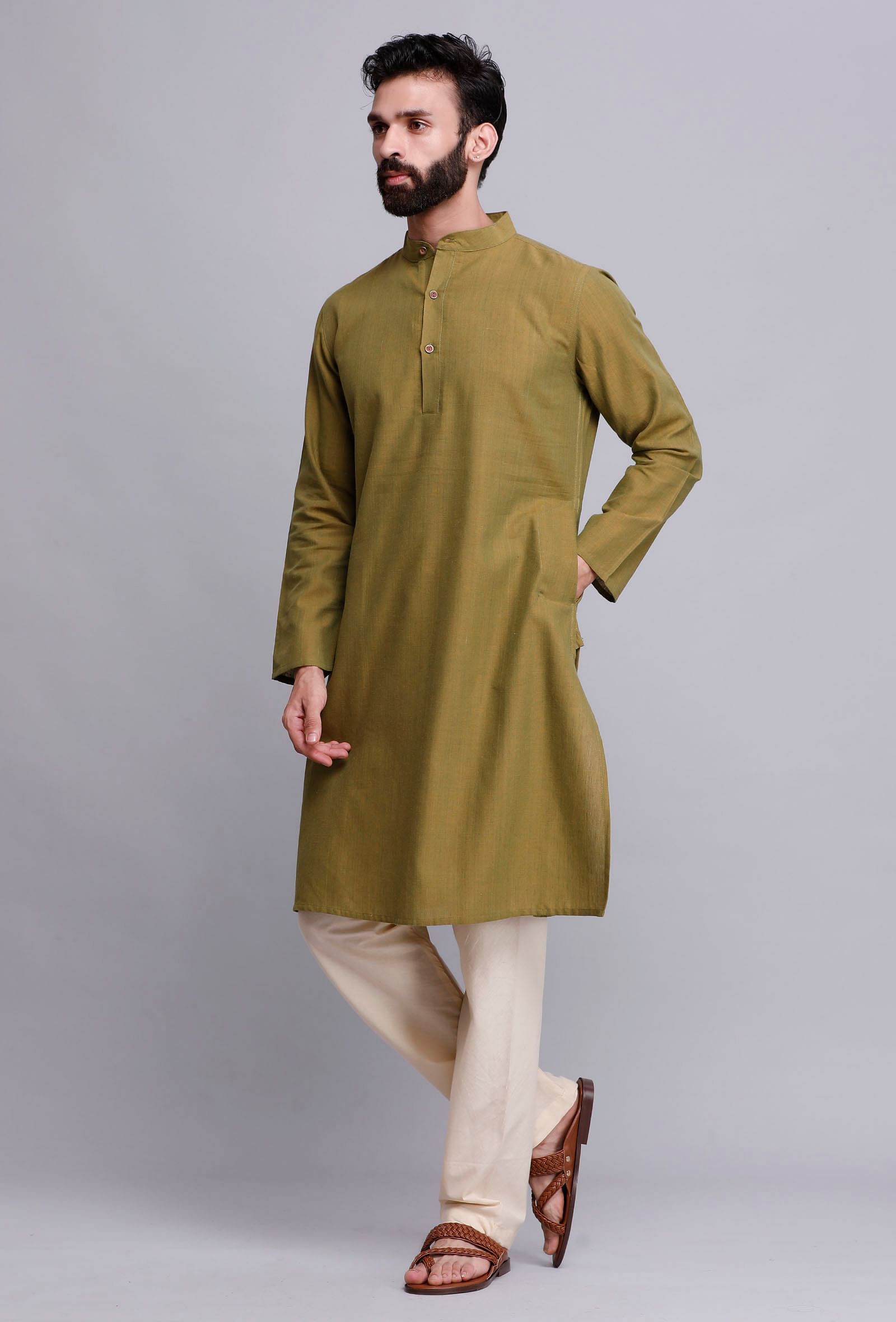 Set of 2: Olive Green Cotton Kurta and Pajama