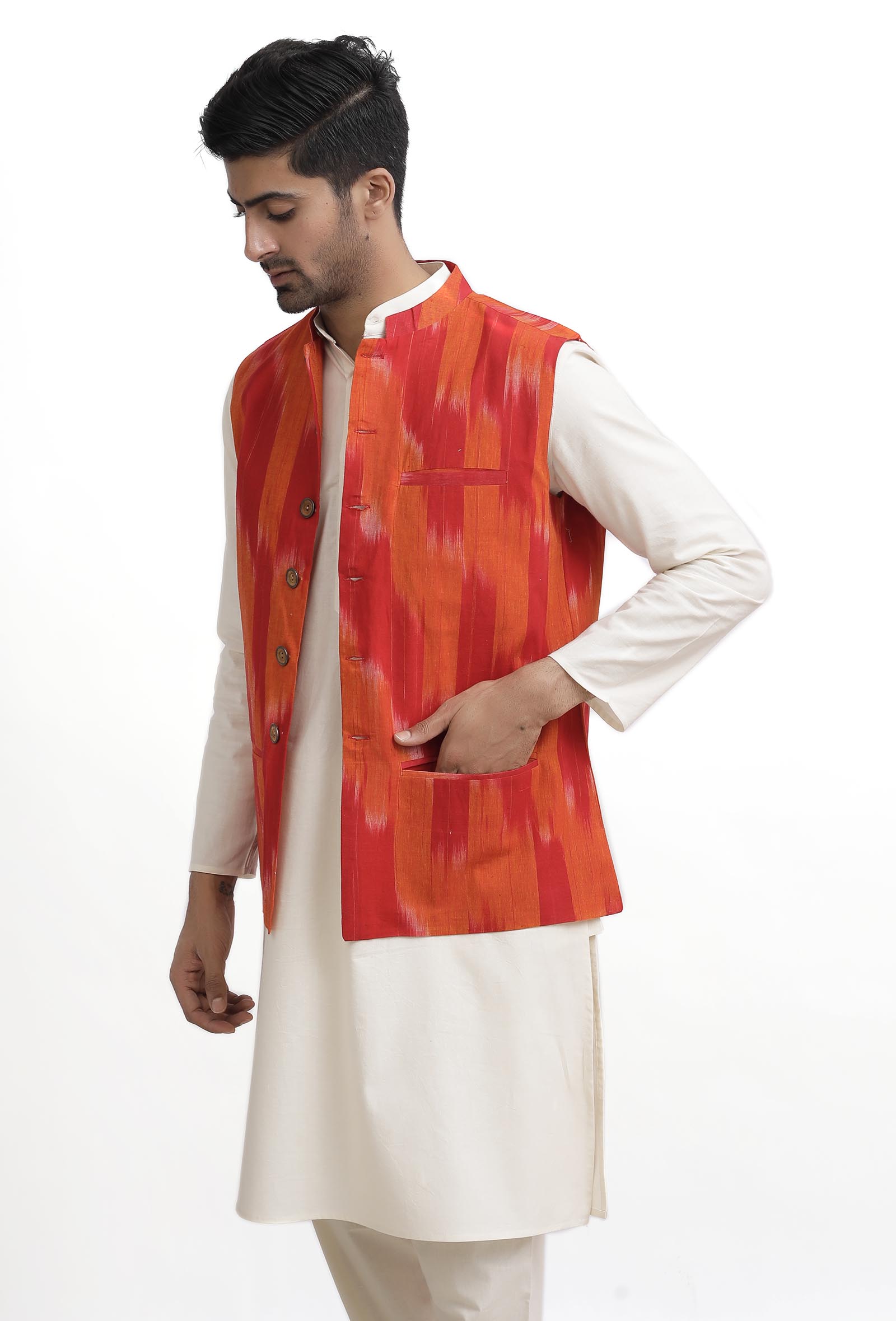 Tangerine Orange Ikat Nehru Jacket
