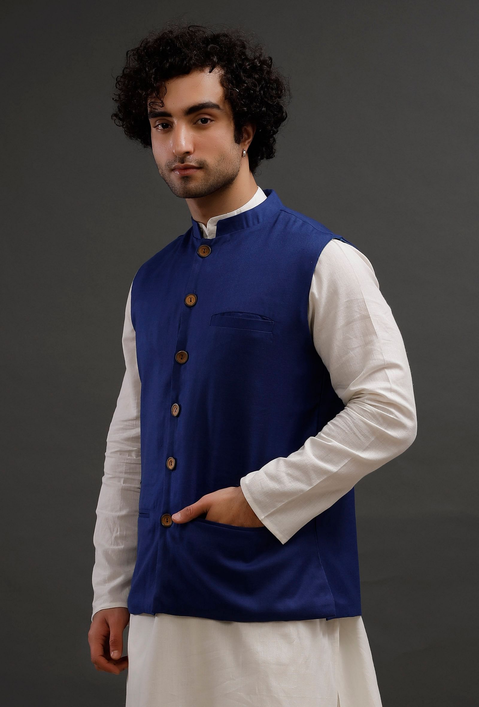 Prussian Blue Woollen Blend Nehru Jacket
