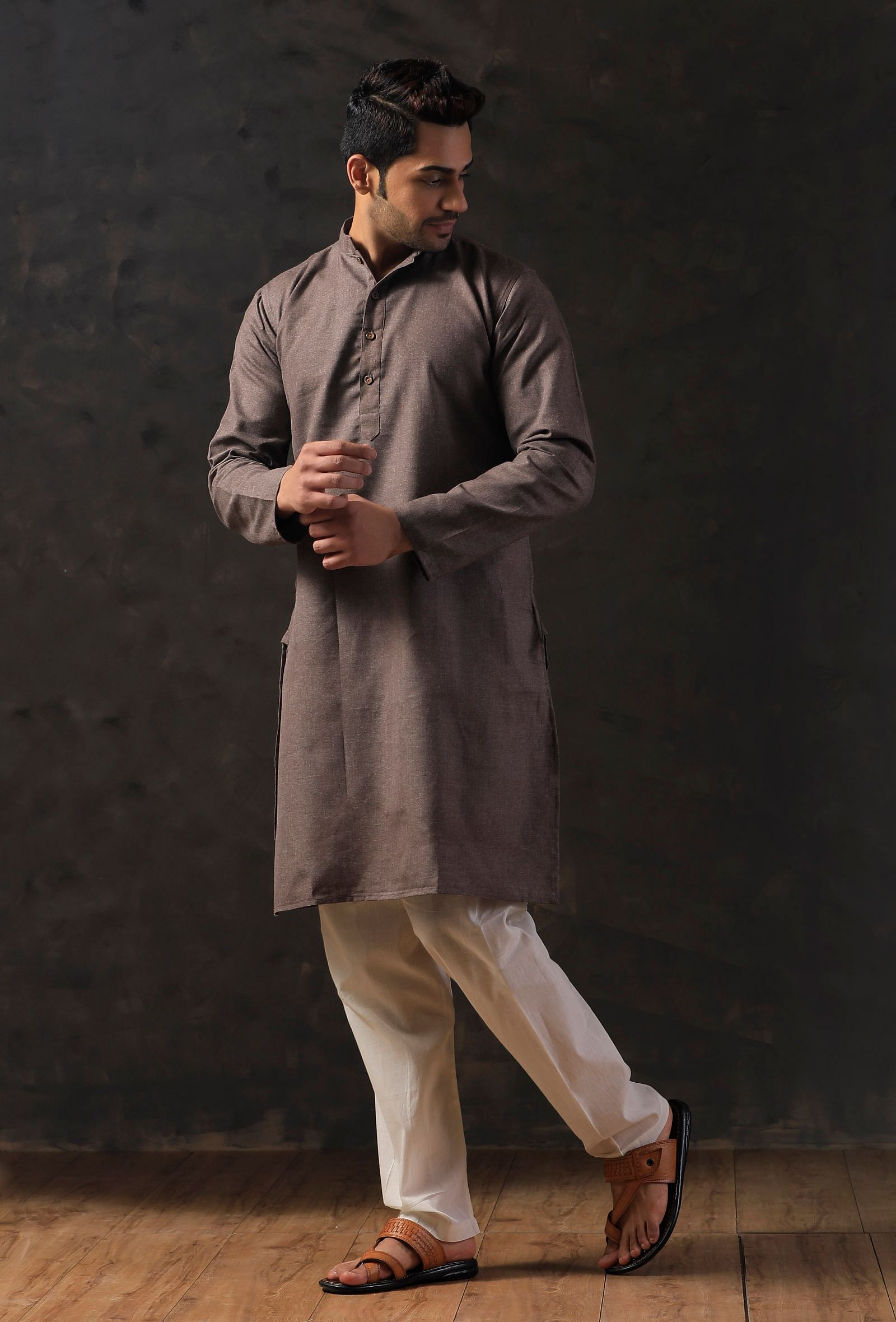Charcoal Grey Silk Kurta with Cotton Pyjama