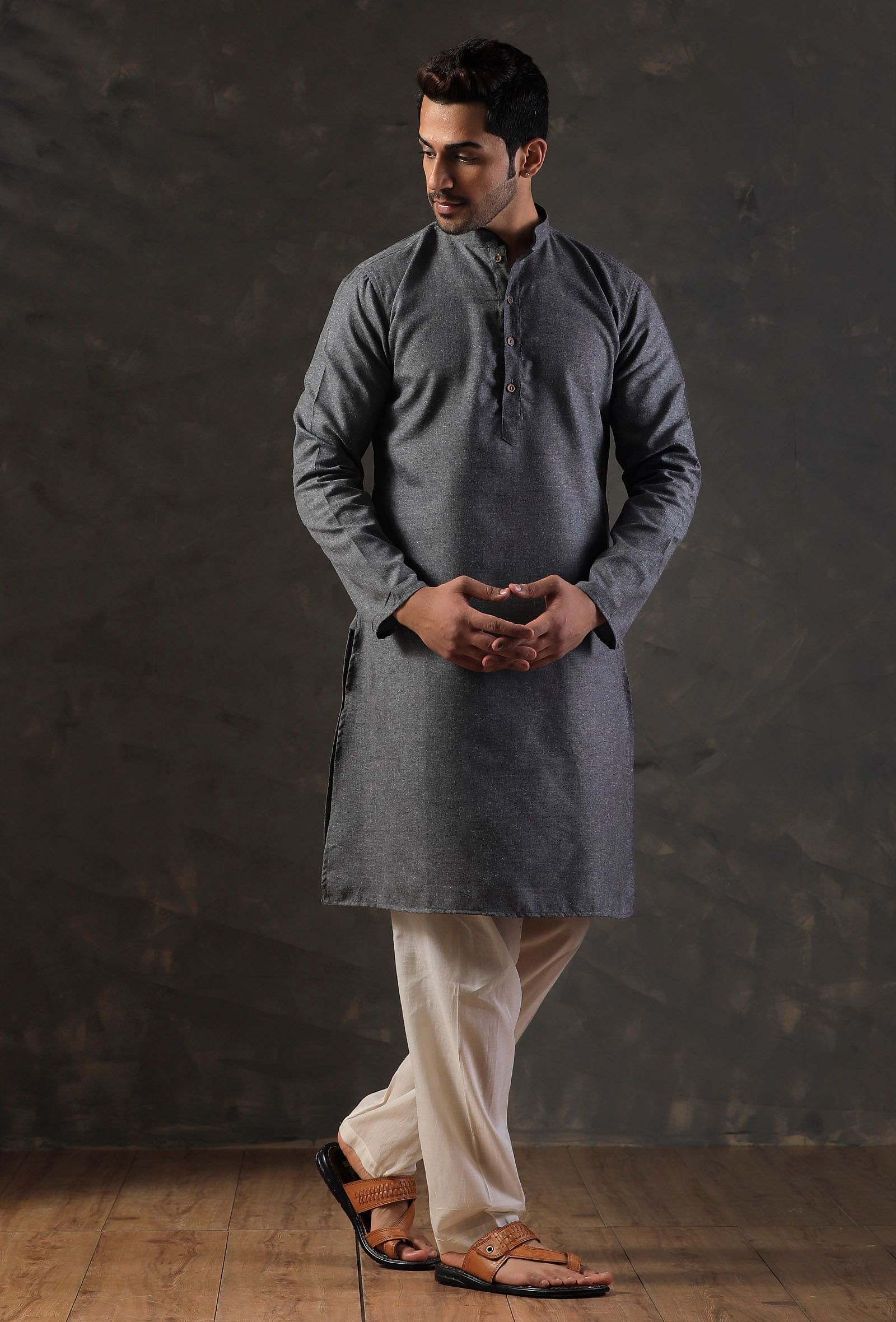 SET Of 2: Steel Grey Silk Kurta with Cotton Pyjama