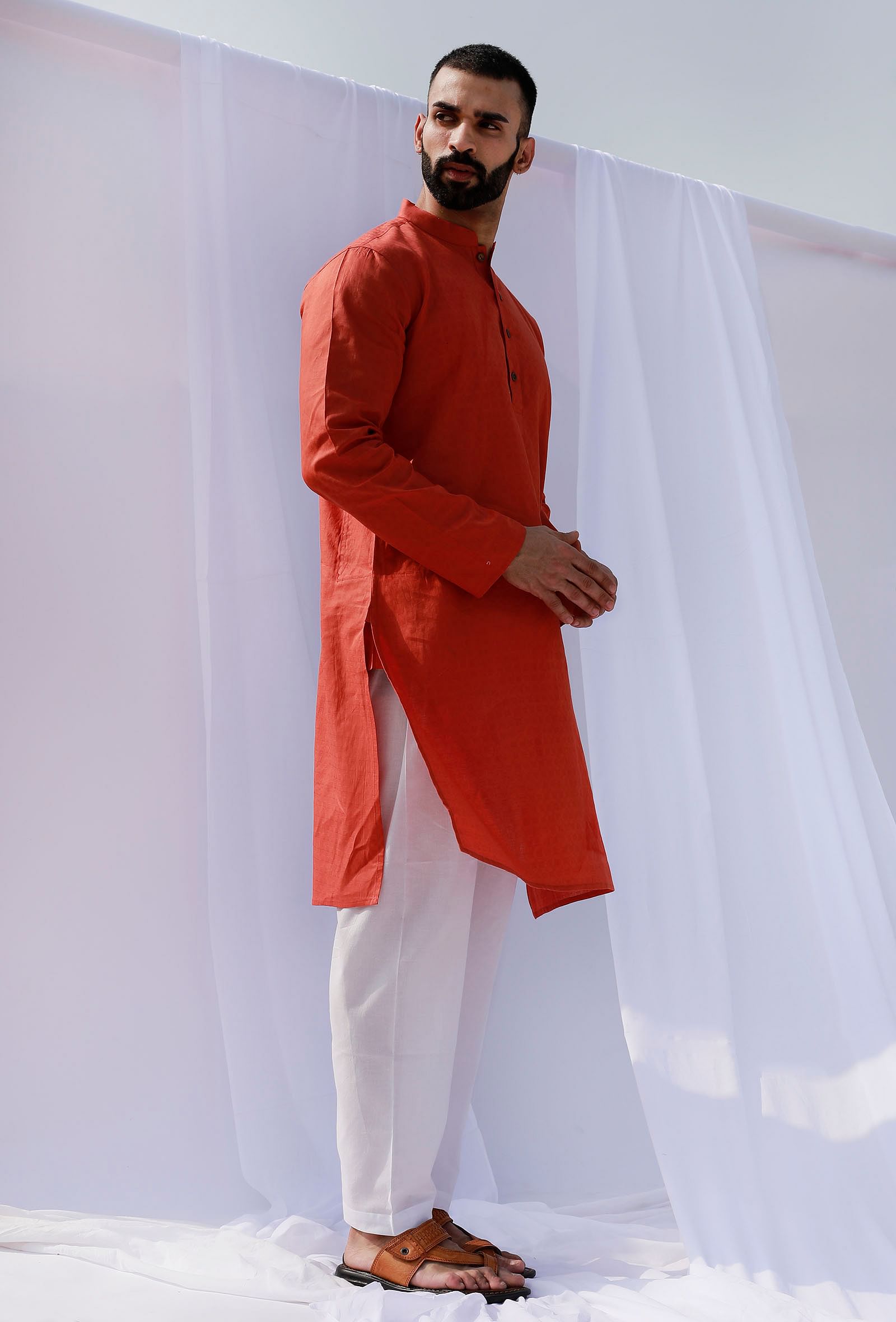 Set Of 2: Scarlet Red Self Weave Cotton Kurta Pyjama Set