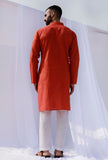 Set Of 2: Scarlet Red Self Weave Cotton Kurta Pyjama Set