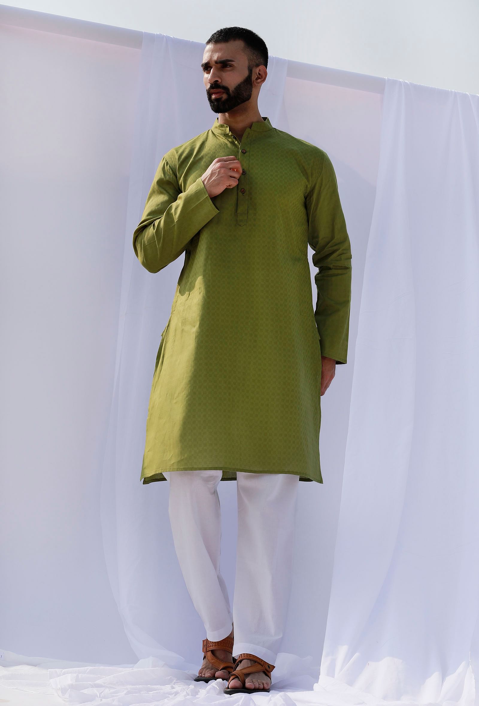 Set Of 2: Pear Green Self Weave Cotton Kurta Pyjama Set