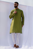 Set Of 2: Pear Green Self Weave Cotton Kurta Pyjama Set