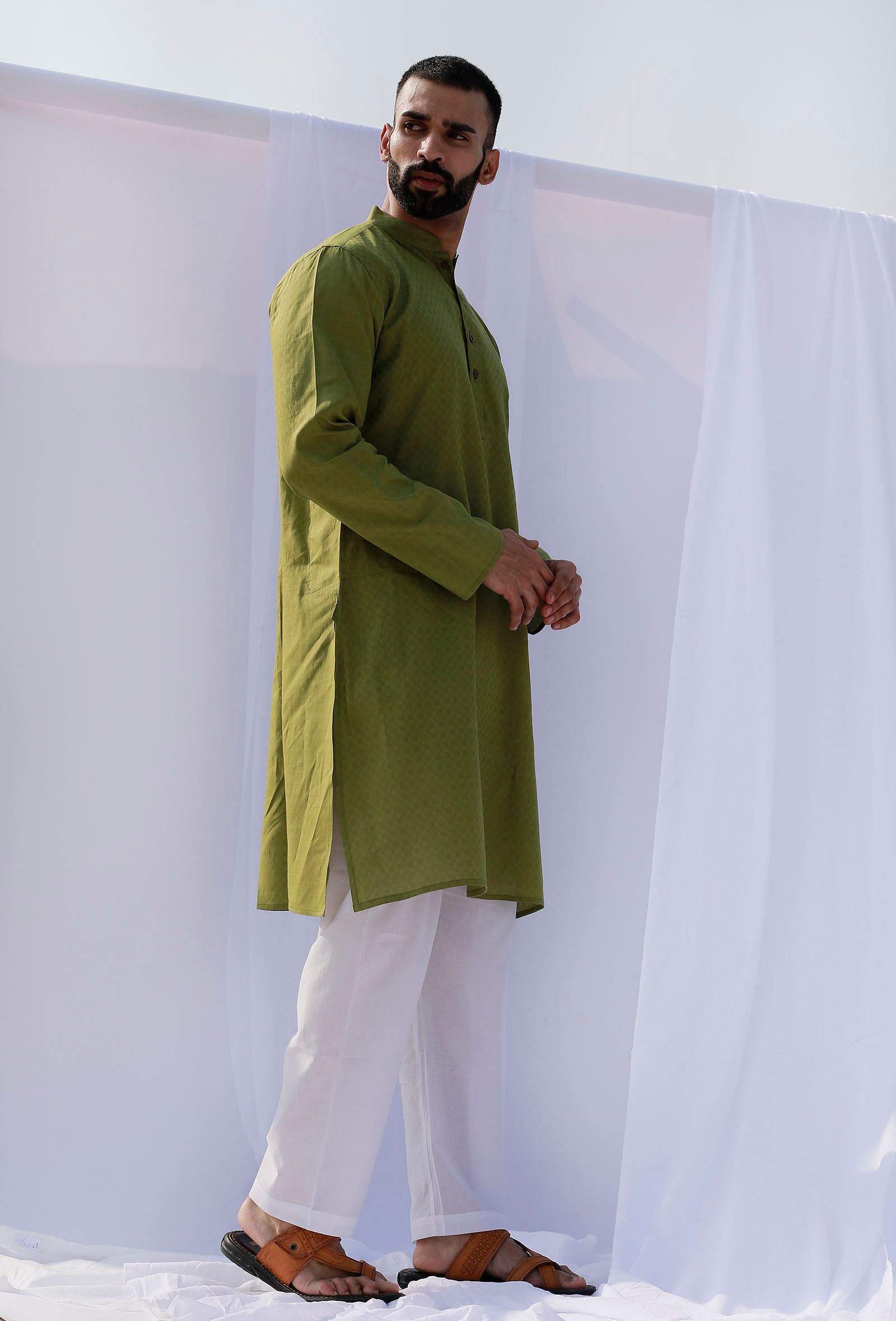 Set Of 2: Pear Green Self Weave Cotton Kurta Pyjama Set