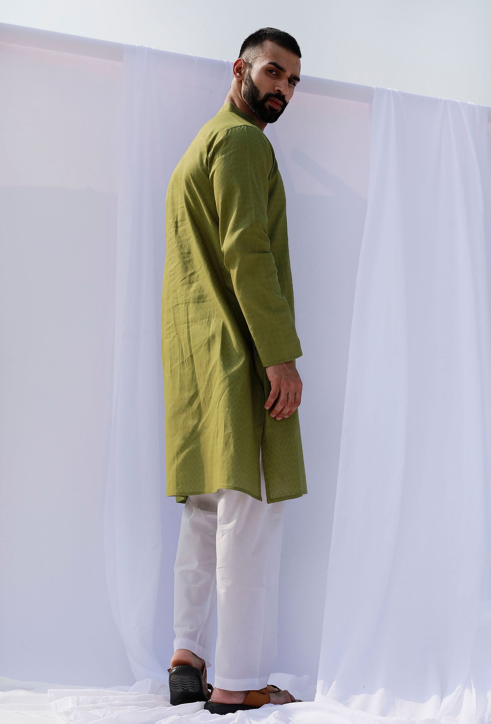 Set Of 2: Pear Green Self Weave Cotton Kurta Pyjama Set