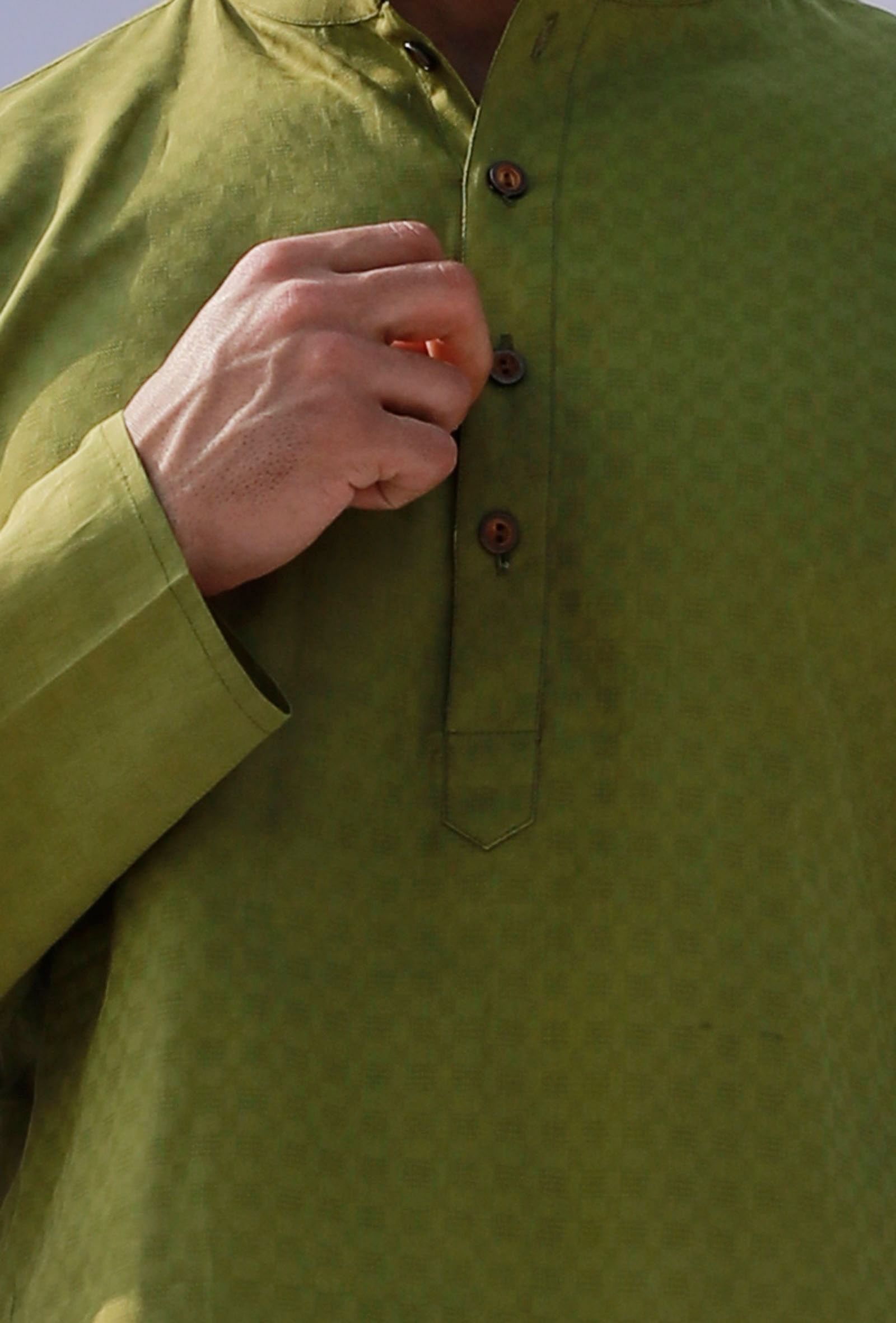Set Of 2: Pear Green Self Weave Cotton Kurta Pyjama Set