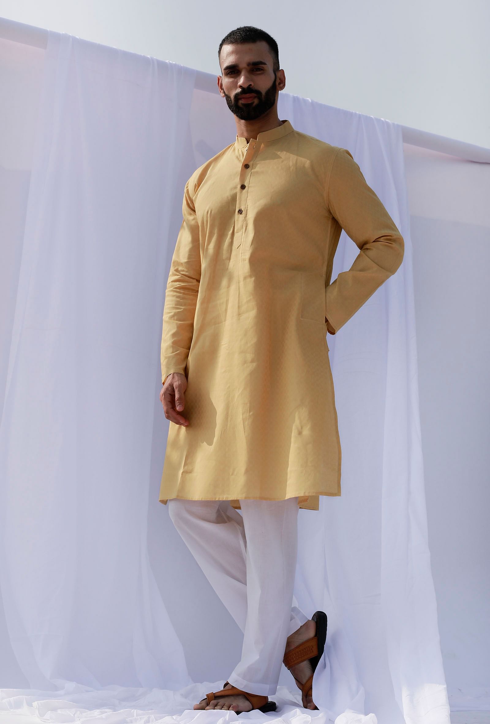 Set Of 2: Pastel Yellow Self Weave Cotton Kurta Pyjama Set