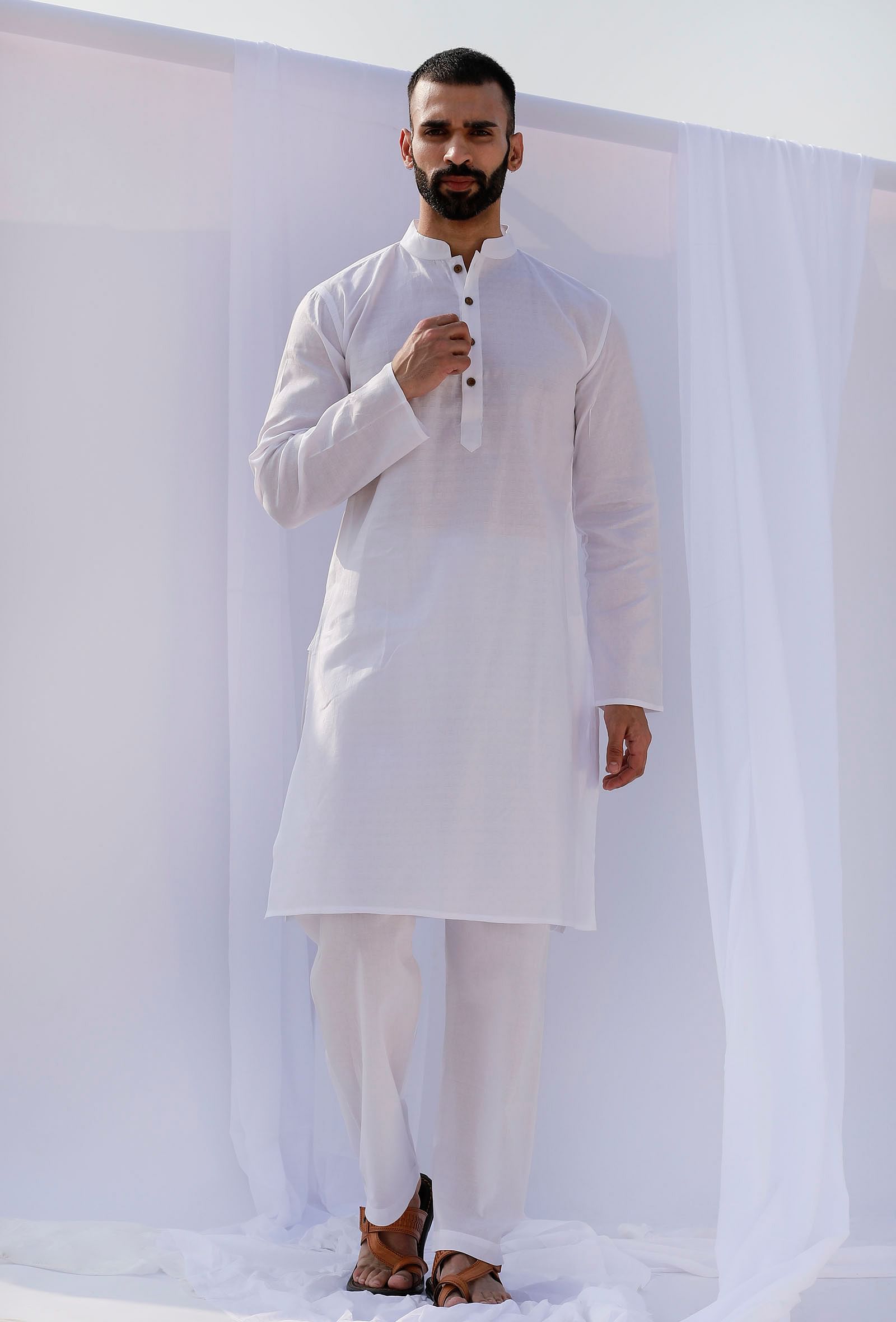 Set Of 2: White Self Weave Cotton Kurta Pyjama Set