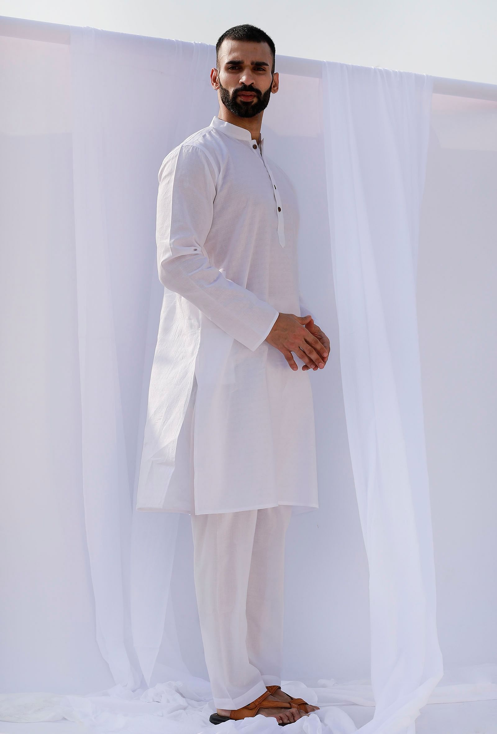 Set Of 2: White Self Weave Cotton Kurta Pyjama Set