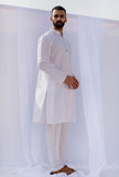 Set Of 2: White Self Weave Cotton Kurta Pyjama Set