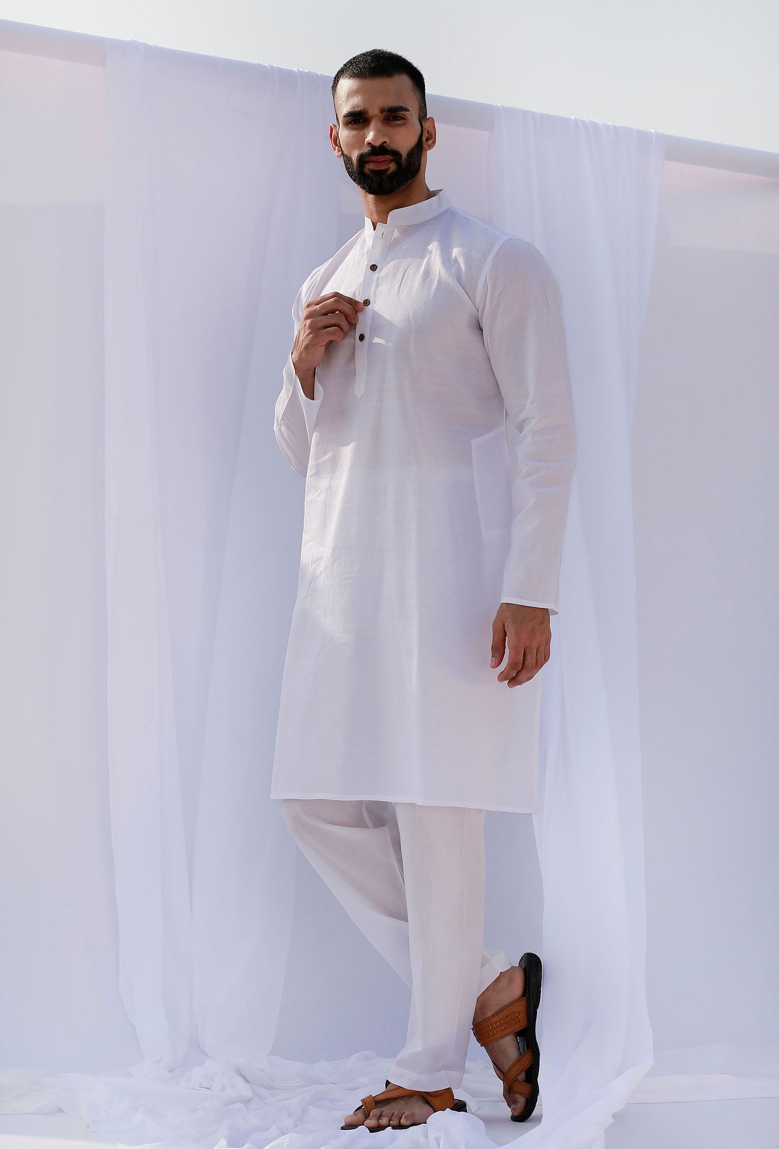 Set Of 2: White Self Weave Cotton Kurta Pyjama Set
