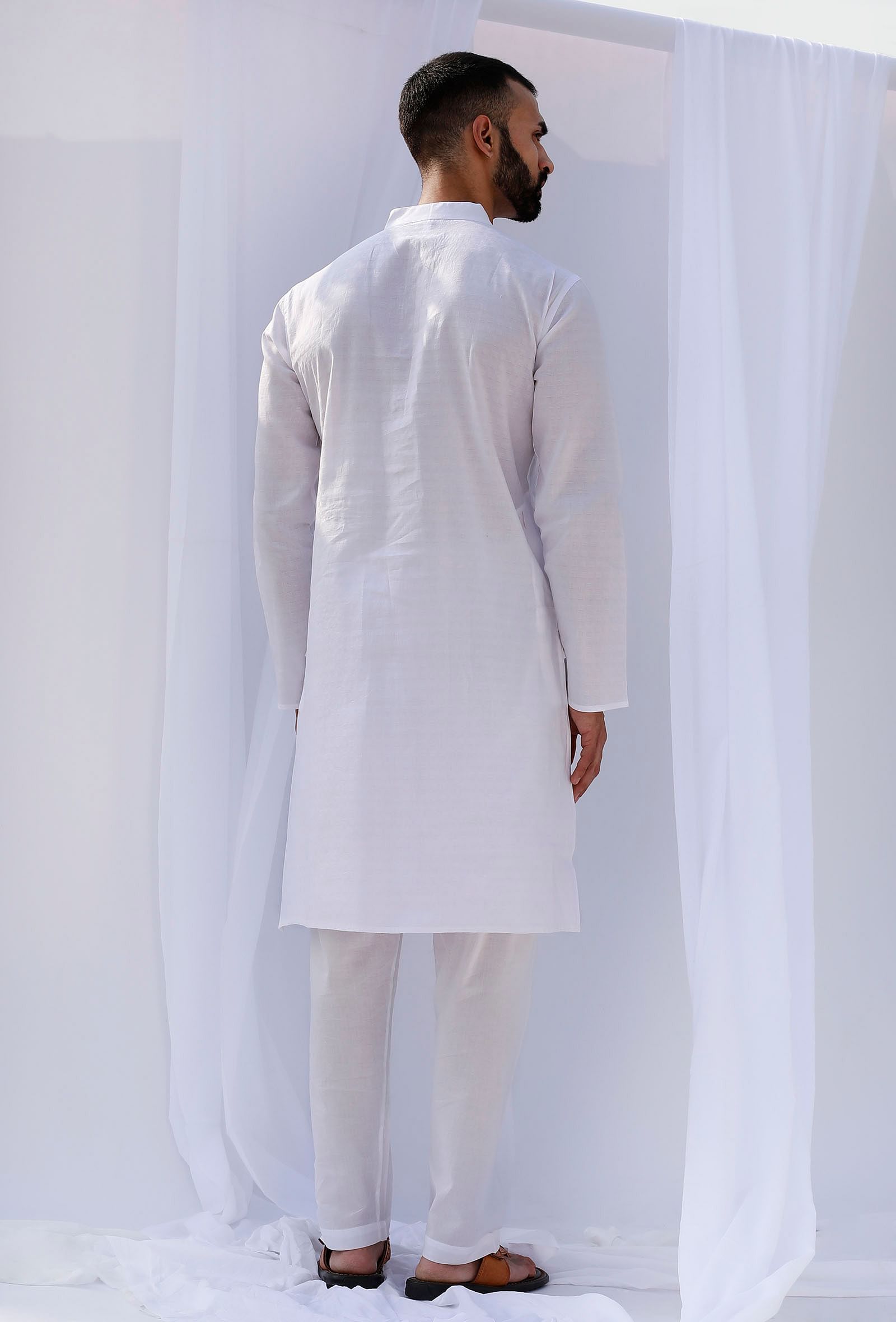 Set Of 2: White Self Weave Cotton Kurta Pyjama Set