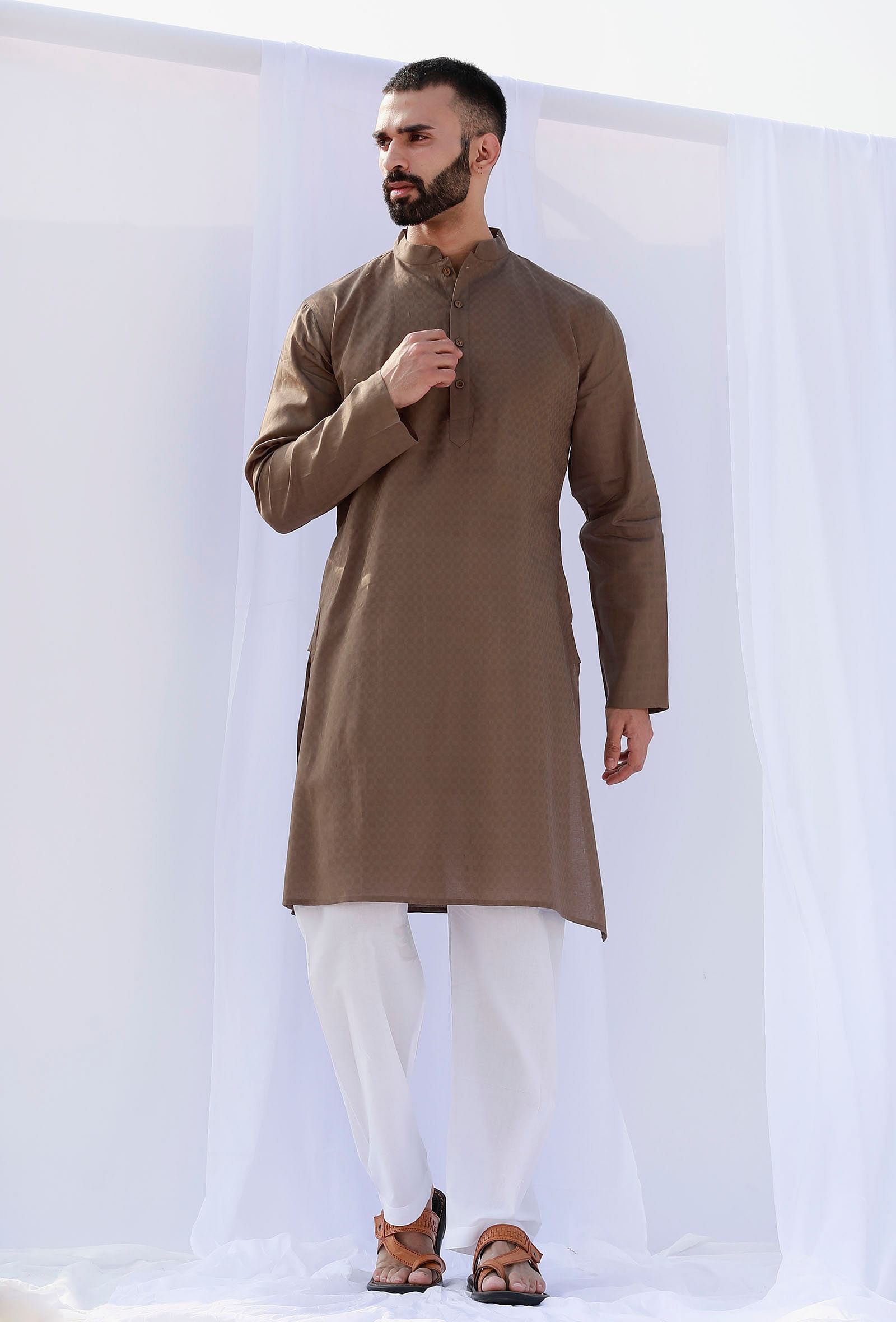 Set Of 2: Haze Brown Self Weave Cotton Kurta Pyjama Set