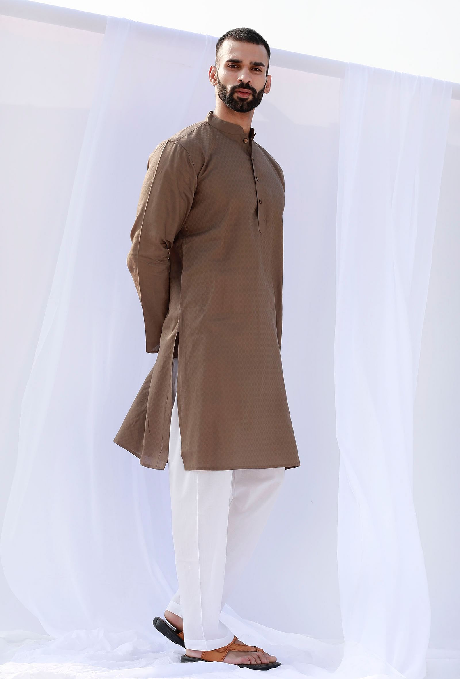 Set Of 2: Haze Brown Self Weave Cotton Kurta Pyjama Set
