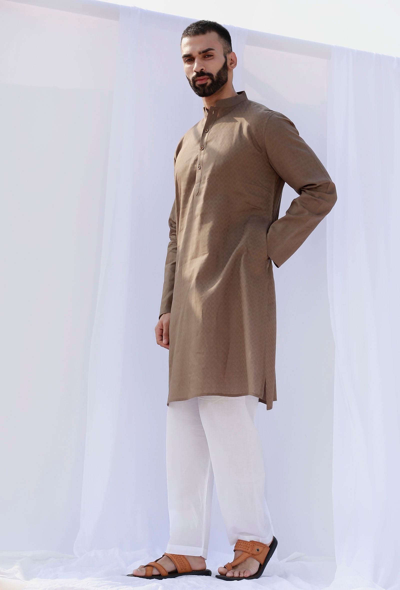 Set Of 2: Haze Brown Self Weave Cotton Kurta Pyjama Set