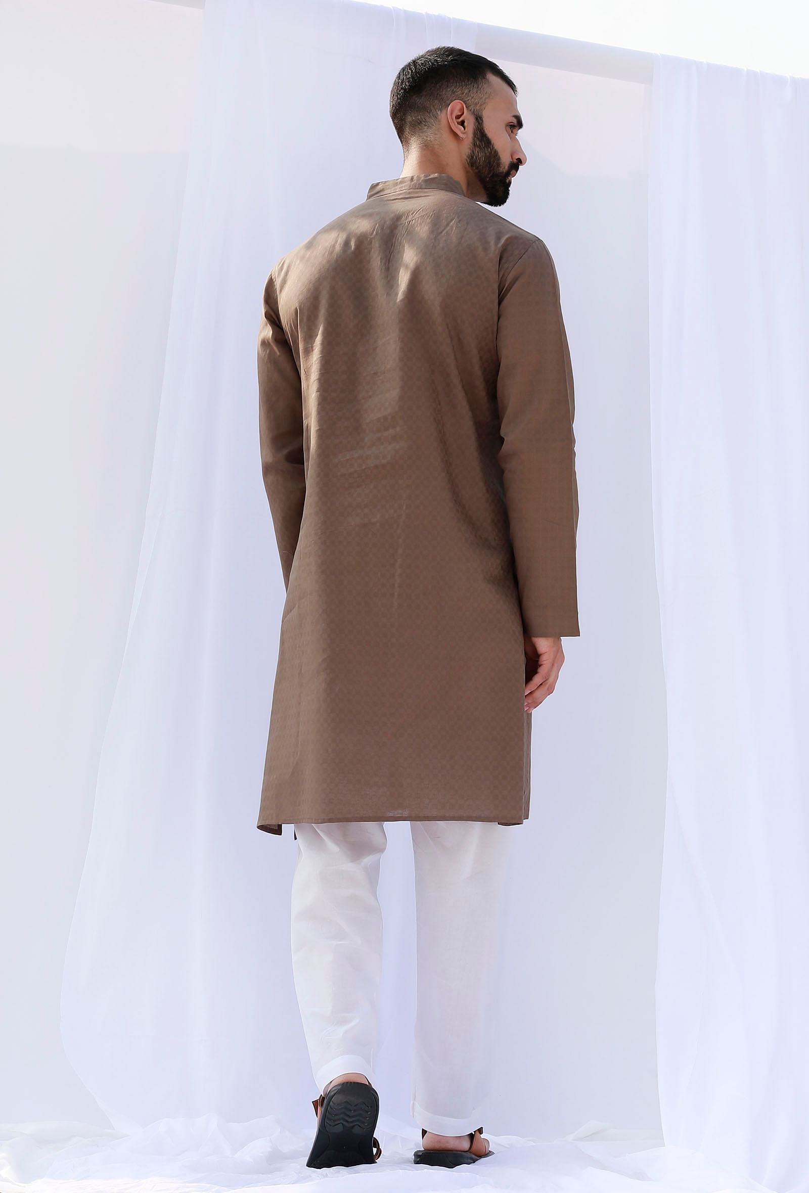 Set Of 2: Haze Brown Self Weave Cotton Kurta Pyjama Set