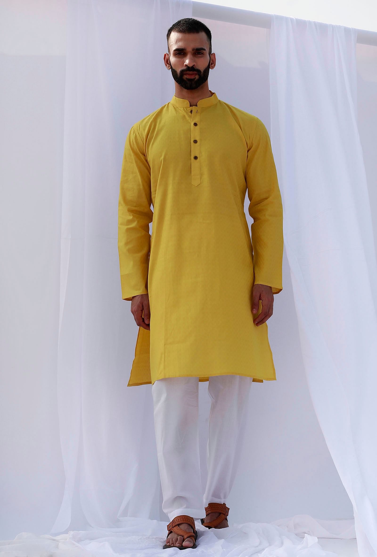 Set Of 2: Tuscan Yellow Self Weave Cotton Kurta Pyjama Set