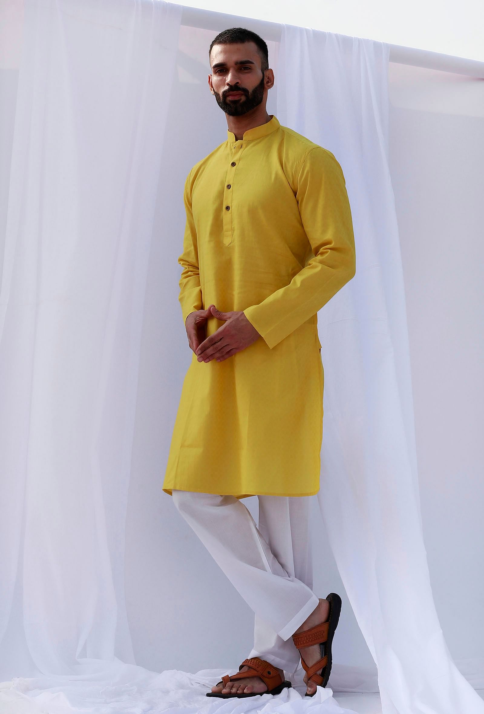 Set Of 2: Tuscan Yellow Self Weave Cotton Kurta Pyjama Set
