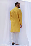 Set Of 2: Tuscan Yellow Self Weave Cotton Kurta Pyjama Set