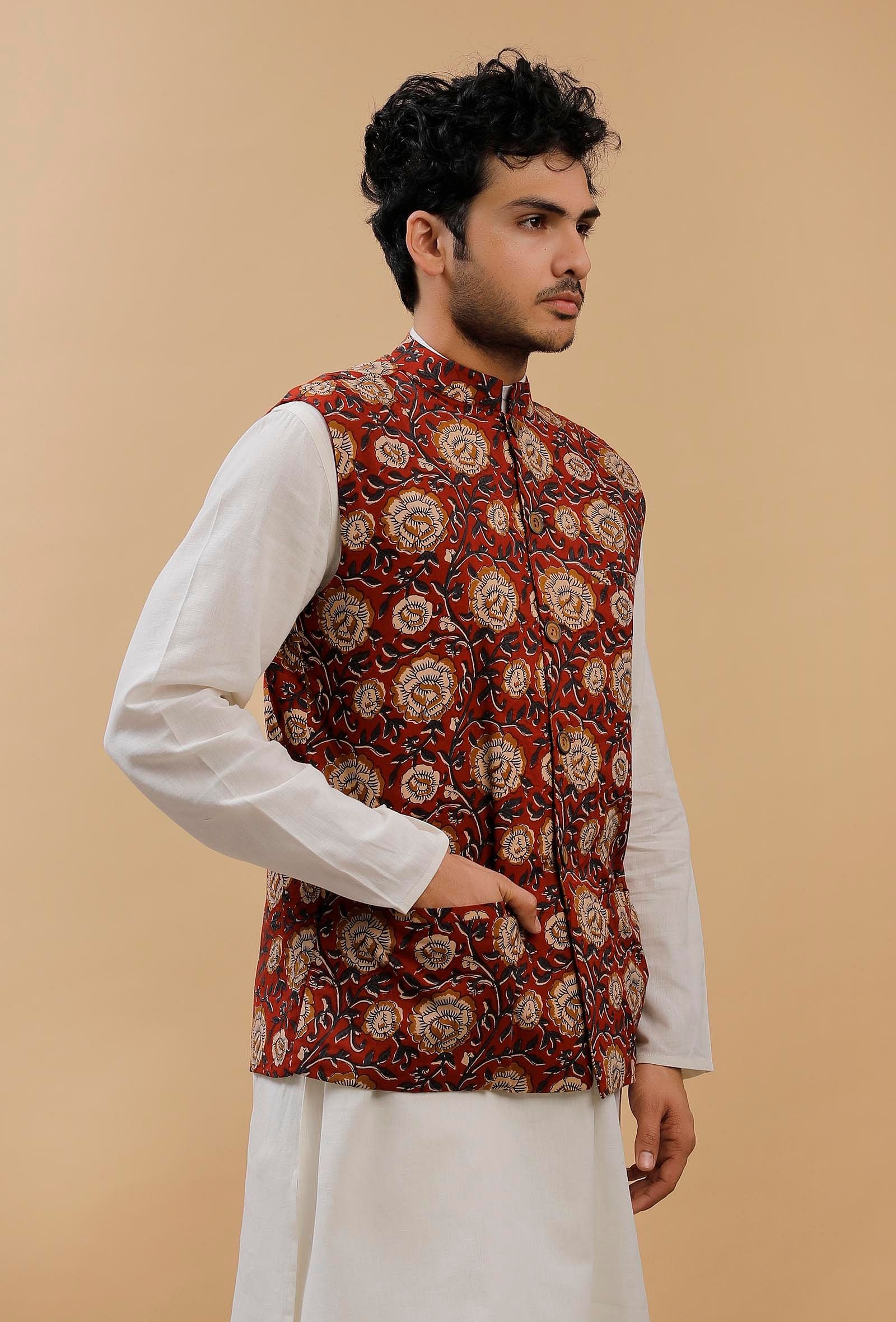 Red Floral Kalamkari Cotton Nehru Jacket