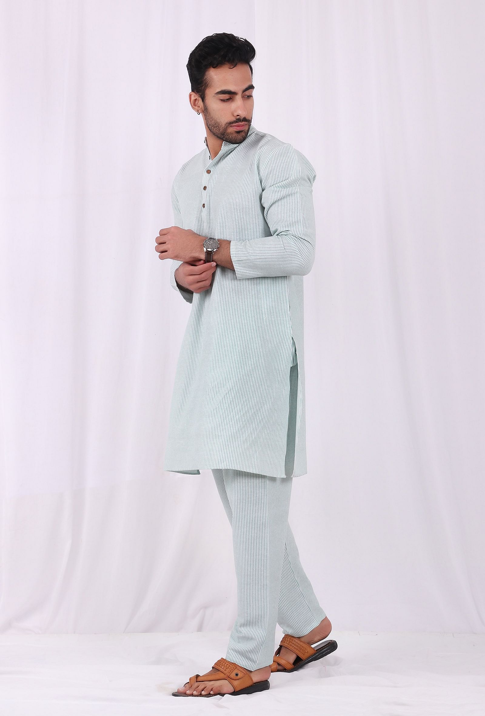 Set of 2: Green Striped Cotton Kurta and Pajama
