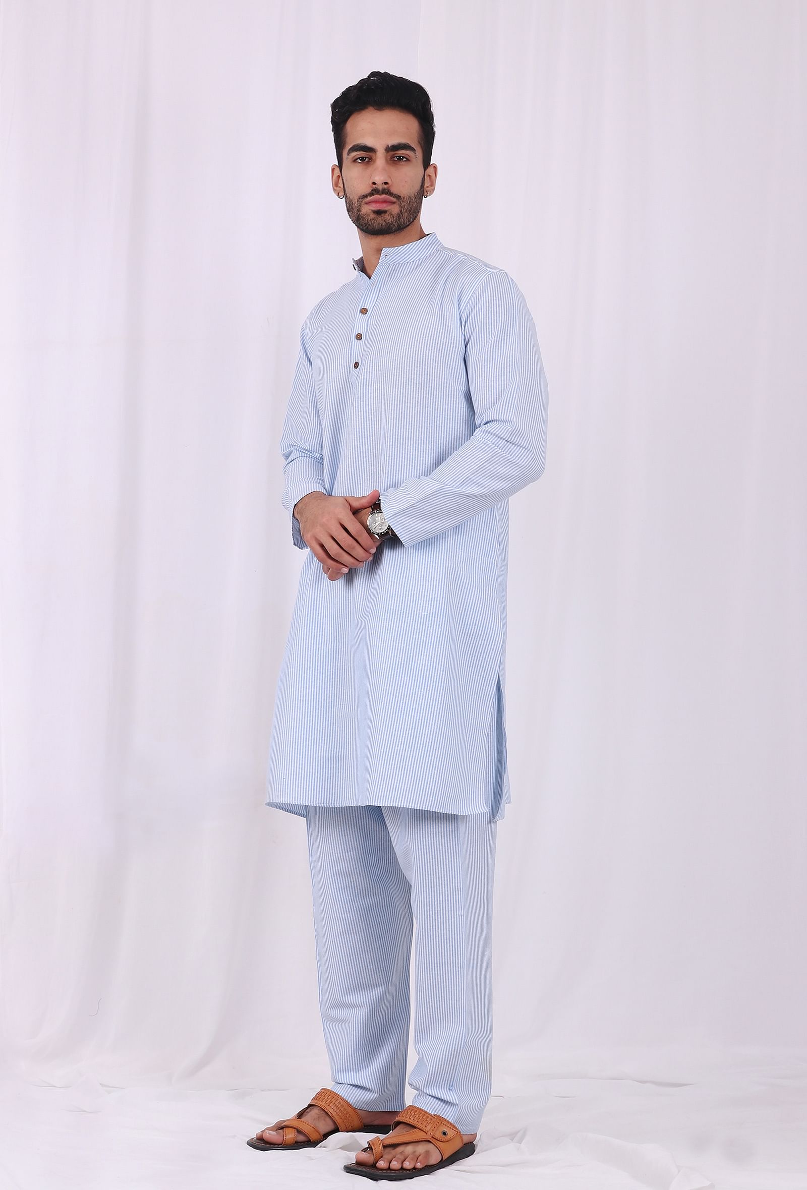 Set of 2: Blue Striped Cotton Kurta and Pajama