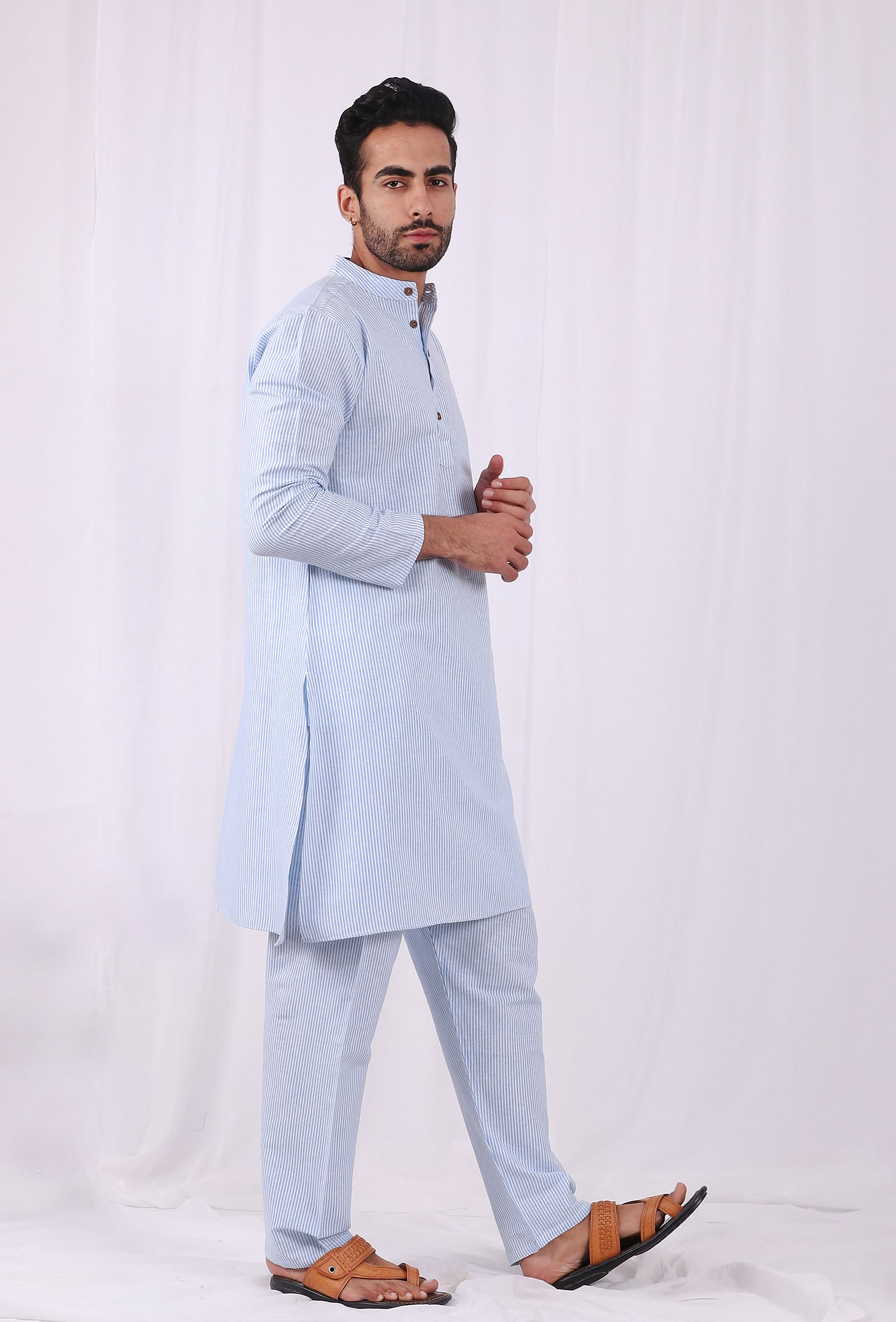 Set of 2: Blue Striped Cotton Kurta and Pajama