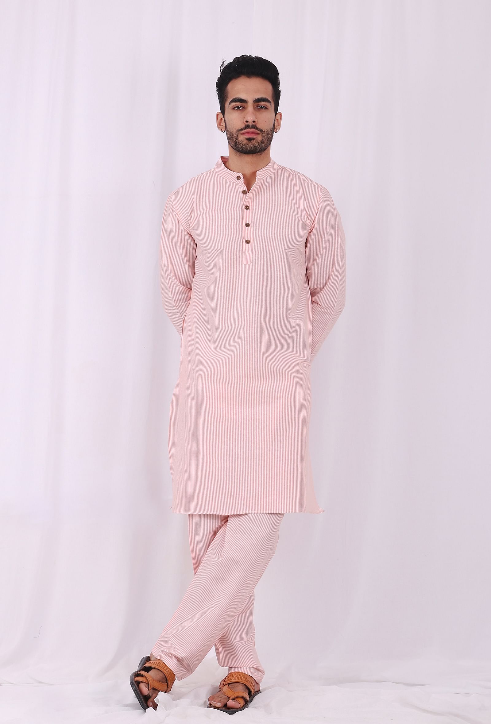 Set of 2: Orange Striped Cotton Kurta and Pajama