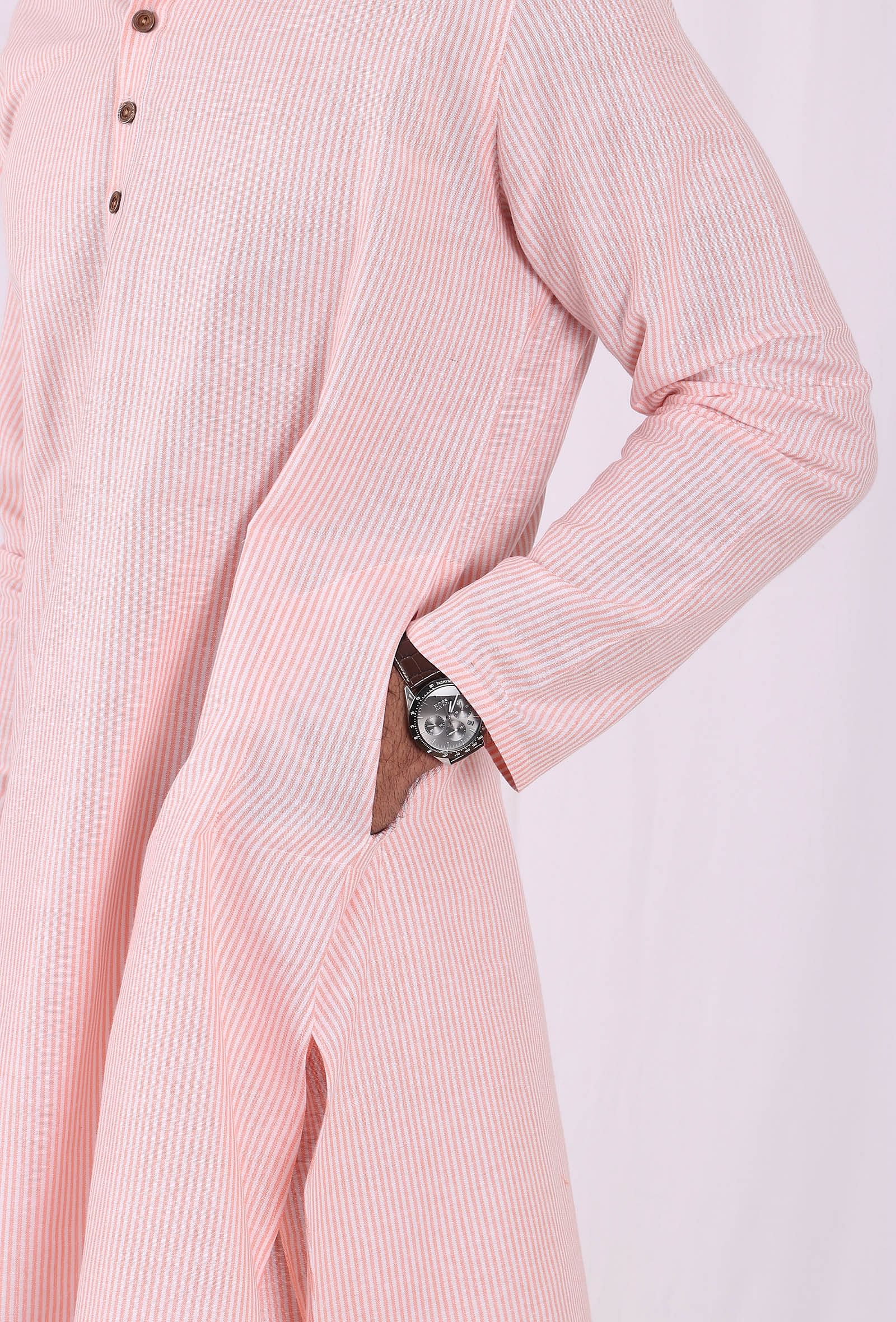 Set of 2: Orange Striped Cotton Kurta and Pajama