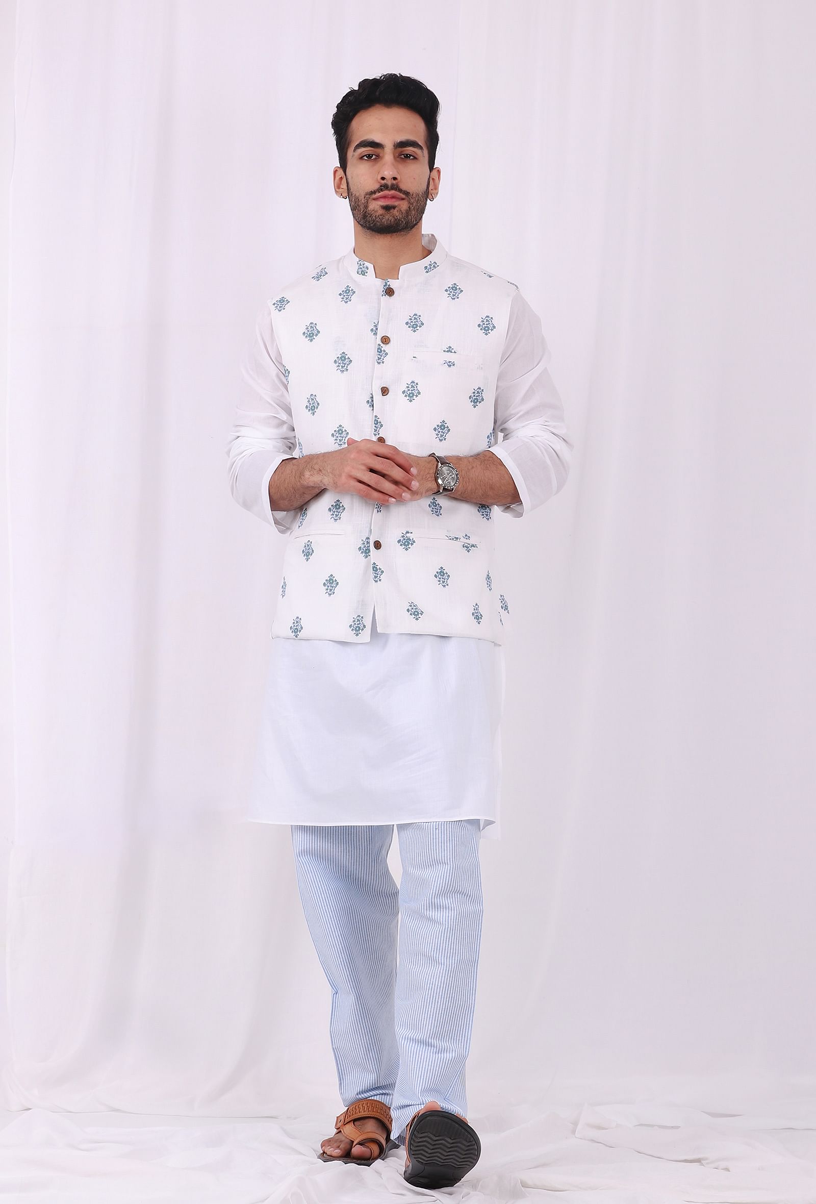 Set of 3: White Cotton kurta and Blue Striped Pajama  with Blue Hand Block Printed Floral Nehru Jacket